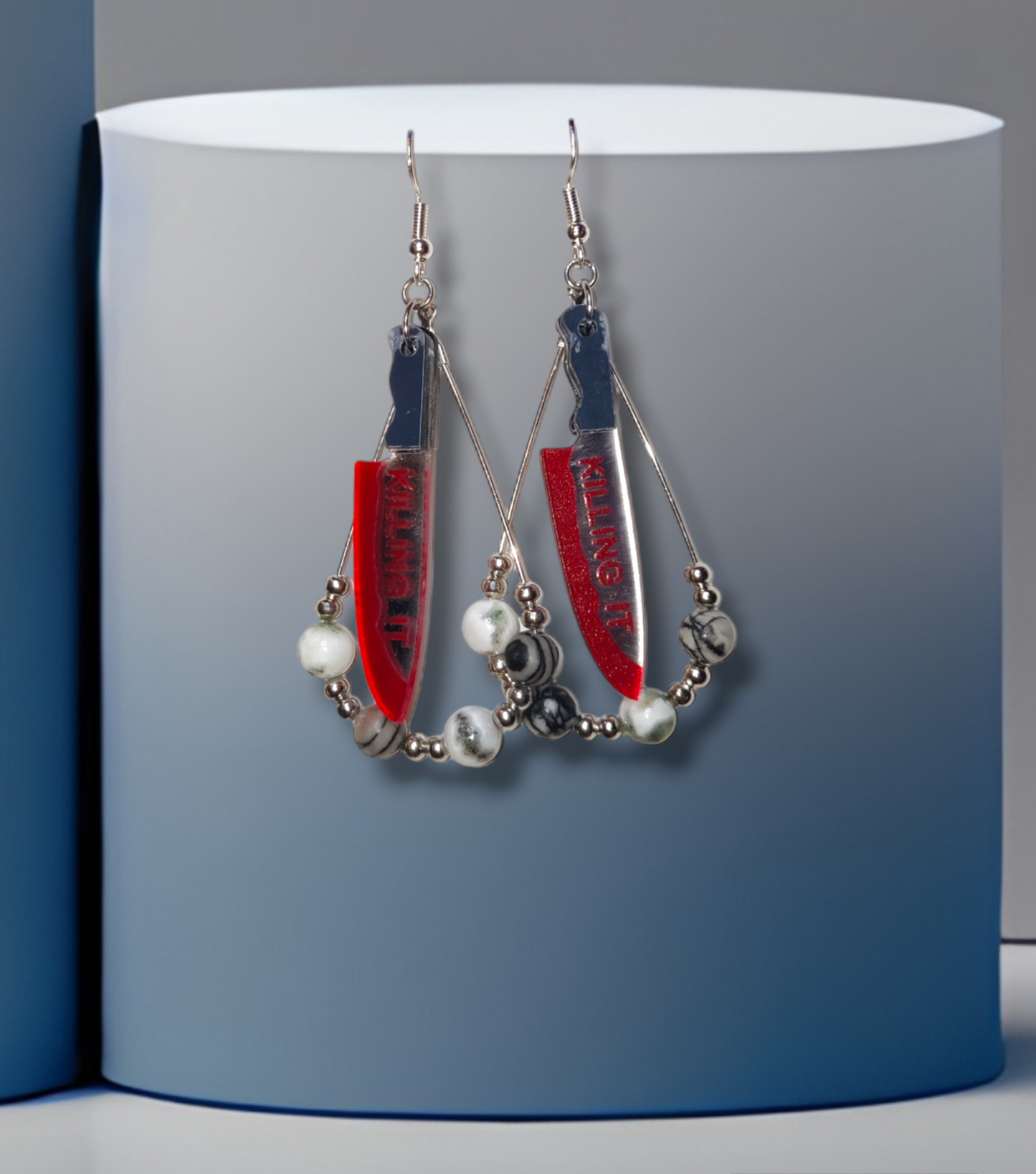 knife handmade crystal earrings with howlite and picasso jasper for halloween jewelry