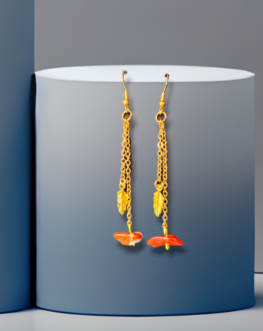 gold feather dangle red jasper crystal gemstone earrings jewelry