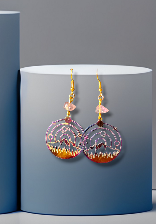 space mountain metal oil slick strawberry quartz crystal earrings