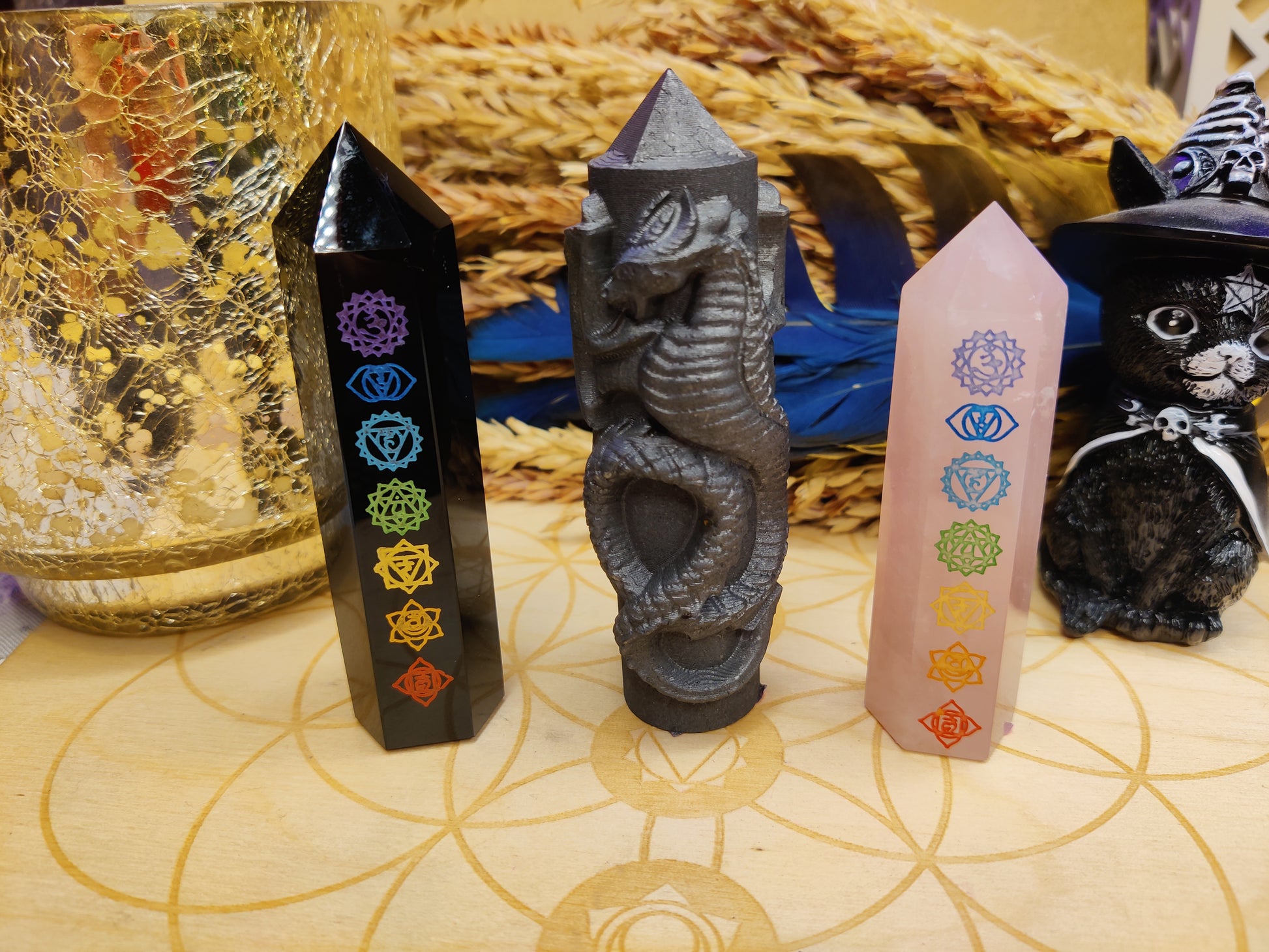 shungite obsidian rose quartz crystal carved tower shape gemstone