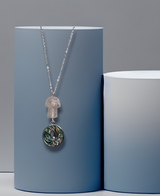 Flower Agate Mushroom and Jade/Hematite Lotus Necklace