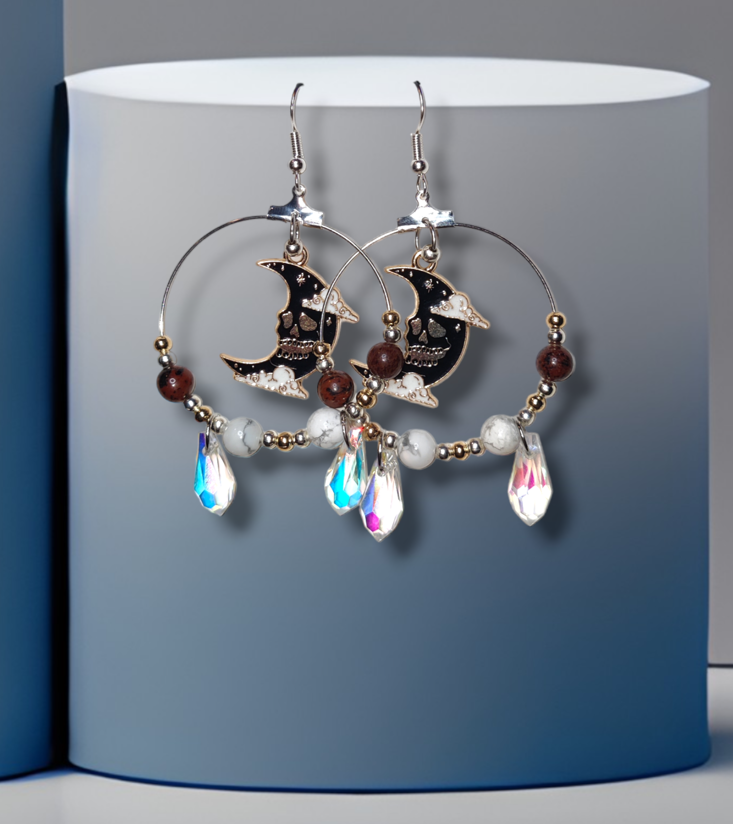 handmade moon crystal earrings with mahogany obsidian and howlite for halloween jewelry 